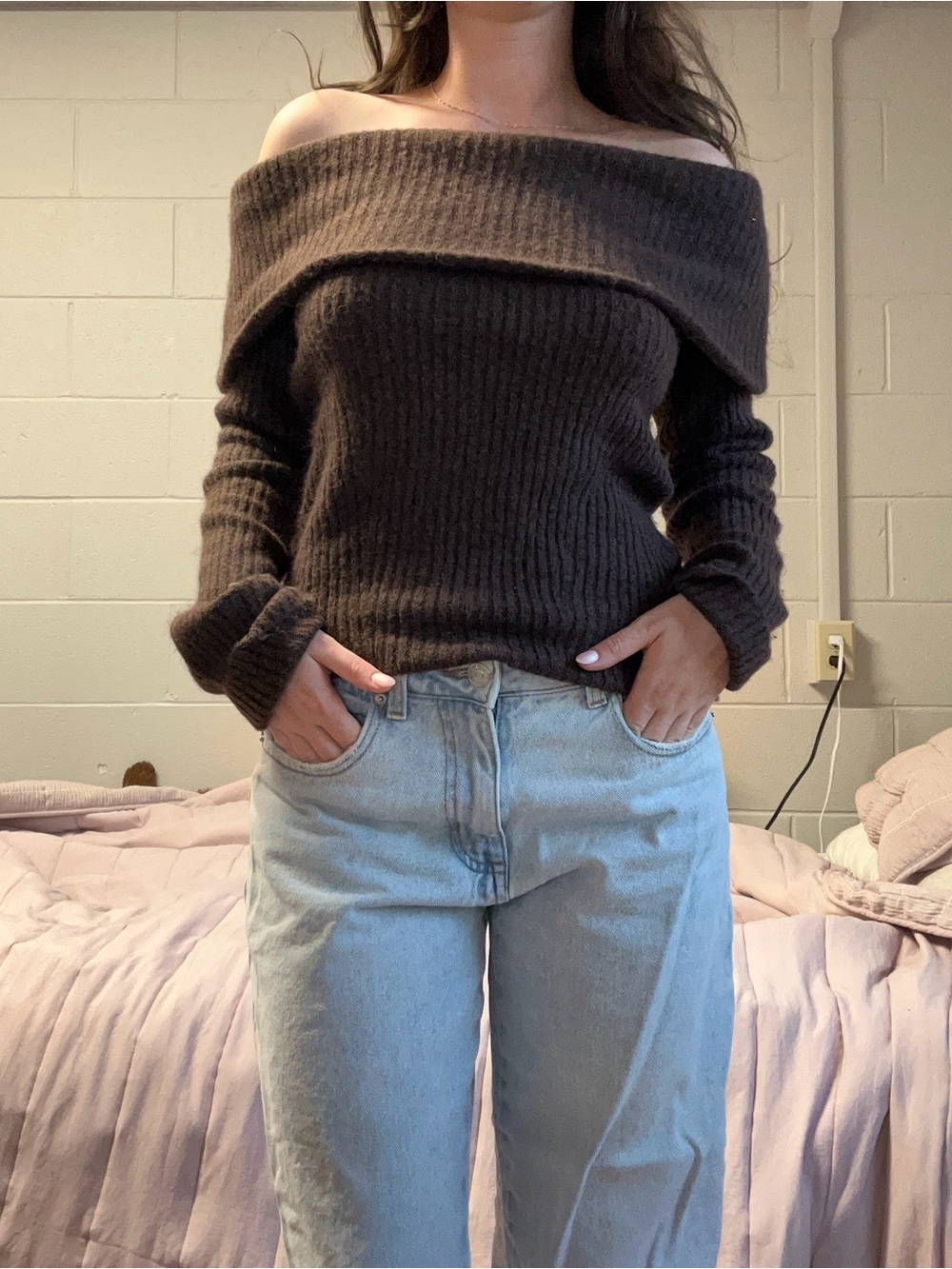H&M Off-the-Shoulder Ribbed Sweater in Brown